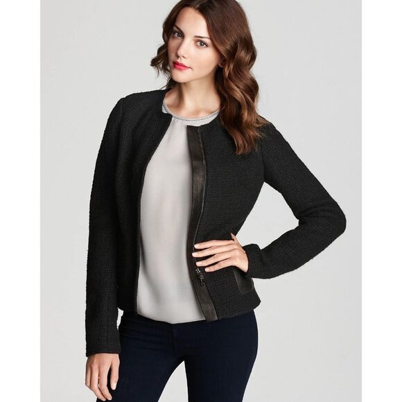 VINCE Black Wool Boucle Knit Lamb Leather Minimalist Collarless Jacket, Size 2 - Picture 2 of 14